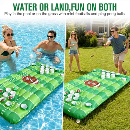 Football Pool Float & Inflatable Beer Pong Table - 6ft Heavy Duty Reversible Pool Floats for Adults, Complete Game Set for Party, Lake & Tailgate, Includes Balls, Cups, Pump, Stakes & Bag - color: Football