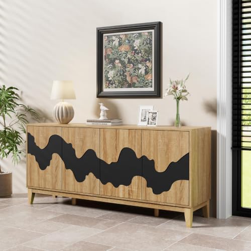 UEV Buffet Cabinet, 63" Modern Sideboard with Black Water Stream Pattern, Kitchen Storage Cabinet with 4 Doors & Shelf, Wood Credenza for Dinning Room, Living Room - color: Natural and Black