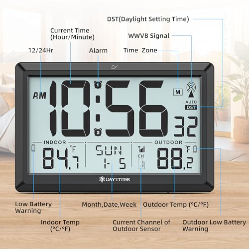 Atomic Clock Wall with Indoor/Outdoor Temp, Battery Operated Digital Wall Clock with 10.5" Large LCD Display, 330ft Range Desk Table Clock with Alarm, DST, Calendar for Living Room Bedrooms, Black - color: Black