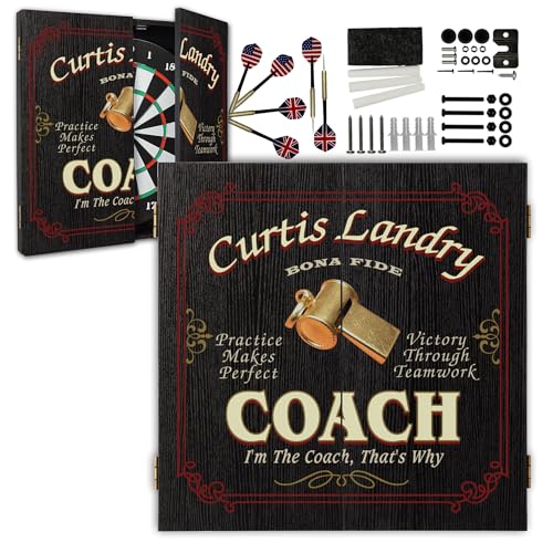THOUSAND OAKS BARREL CO. Personalized Coach Dartboard - Imprinted Dart Board Cabinet for Office - Dartboard Cabinet Set with Scoreboard, 6 Steel Tip Darts, Chalk & Eraser (21.5" x 21" x 2.125") - style: Coach Dartboard & Cabinet Set