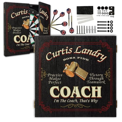 THOUSAND OAKS BARREL CO. Personalized Coach Dartboard - Imprinted Dart Board Cabinet for Office - Dartboard Cabinet Set with Scoreboard, 6 Steel Tip Darts, Chalk & Eraser (21.5" x 21" x 2.125") - style: Coach Dartboard & Cabinet Set
