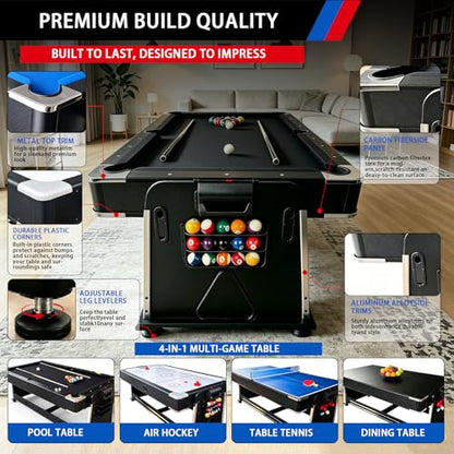 Pool Table Dining Table Combo with Ping Pong & Air Hockey Table, 7ft 4-in-1 Multi Game Table, Convertible Billiard Table for Adults Outdoor/Indoor