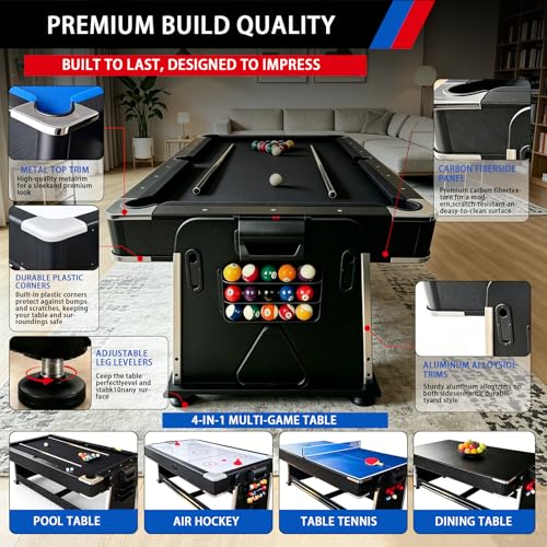 Pool Table Dining Table Combo with Ping Pong & Air Hockey Table, 7ft 4-in-1 Multi Game Table, Convertible Billiard Table for Adults Outdoor/Indoor - color: Black