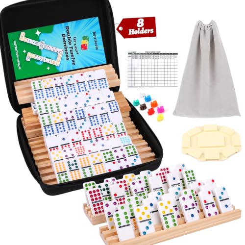 Mexican Train Dominoes Set Double 12 Dot Domino Tiles, 91 Tiles with 8 Wooden Racks, Hub & Trains, Portable Domino Game Set for Adults Kids Families - style: Double 12 Dot + 8 Racks