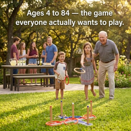 Funsparks Ring Toss Game for Kids & Adults — 16 Rings (8 Rope + 8 Plastic), Wooden Base & Carry Bag — Indoor Outdoor Backyard Lawn Game for Family, Parties, Camping — Ages 4+ Summer Fun Yard Game