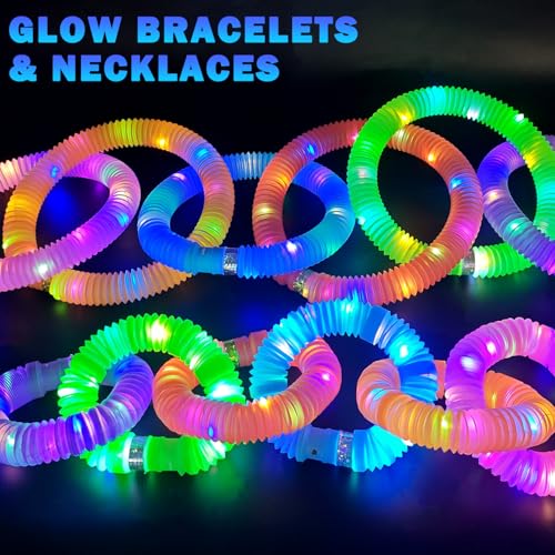 Glow Sticks Camping Essentials for Toddlers 6-96 PCS,Kids Light Up Pop Tube Wand Toys Gifts,4th of July LED Bracelet Necklace Party Accessories,Fun Summer Outdoor Games Activities Gear for Boys Girls