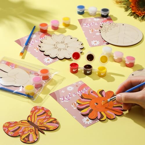 Saypacck 24 Pcs Groovy Boho Hippie Party Favors Wooden Painting Craft Kits Birthday Party Supplies with Organza Bag for Goodie Bags Fillers Adult Thank You Gifts - style: Modern