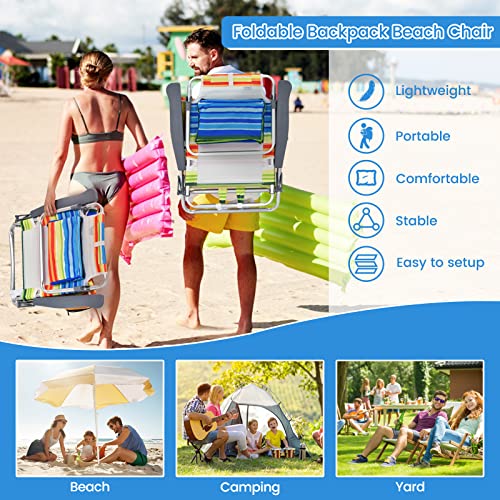 Tangkula Set of 2 Backpack Beach Chair, 5-Position Lay Flat Beach Chairs with Cooler Bag, 2 Cup Holders, Towel Bar, Lightweight Folding Beach Chair with Backpack Straps, Yellow - color: Yellow, style: 2 Pack