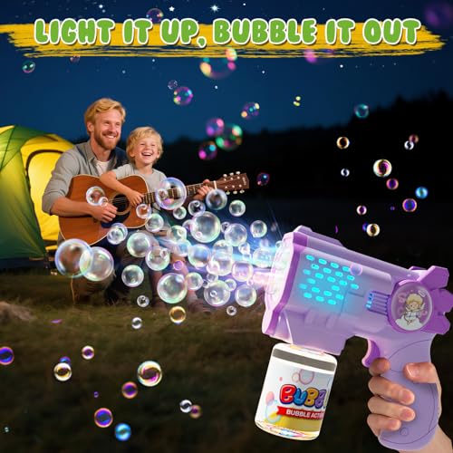 EagleStone Bubble Guns Bubble Machine for Toddlers, 10,000 Bubbles/Min Automatic Bubble Blower with Lights, 4 Pre-Filled Solutions, Light Up Bubble Blaster Outdoor Easter Birthday Gifts for Boys Girls - color: Green,purple
