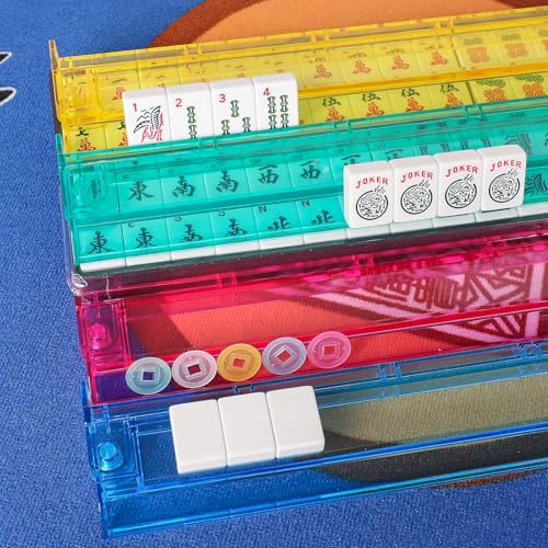 American Mahjong Game Set, 166 Quality White Tiles, 4 All-in-One Color Rack/Pushers, Mahjong Tile Set with Blue Printed Carrying Bag - color: Blue
