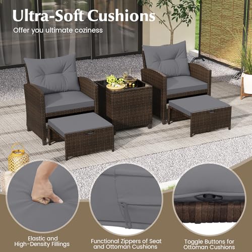 Tangkula 5 Pieces Patio Conversation Set, PE Wicker Rattan Outdoor Furniture Set with 2 Chairs, 2 Ottomans & Tempered Glass Coffee Table, Ideal for Poolside, Backyard, Lawn, Deck, Mix Brown & Grey - color: Mix Brown & Grey