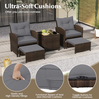 Tangkula 5 Pieces Patio Conversation Set, PE Wicker Rattan Outdoor Furniture Set with 2 Chairs, 2 Ottomans & Tempered Glass Coffee Table, Ideal for Poolside, Backyard, Lawn, Deck, Mix Brown & Grey - color: Mix Brown & Grey