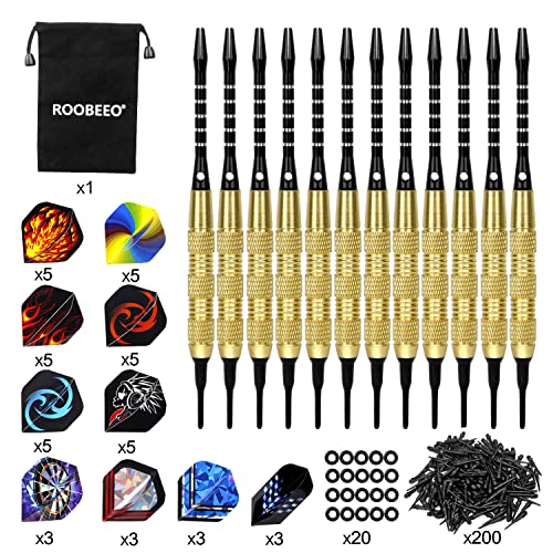 Soft Tip Darts 12 Pcs 18g Plastic Tip Darts Set with Brass Steel Barrels&Aluminum Shafts,200 Extra Dart Tips 42 Dart Flights 20 Extra Rubber Rings and 1 Storage Bag for Electronic Dart Board