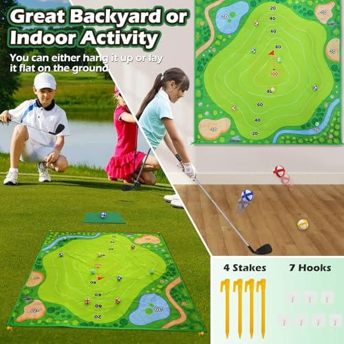 Battle Golf Chipping Game Set for Kids Adults, Chip and Stick Golf Game with 2 Adjustable Clubs, 5×5FT Double-Sided Chipping Practice Mat, 20 Sticky Balls Sport Toy Gift for Indoor Outdoor Family Fun