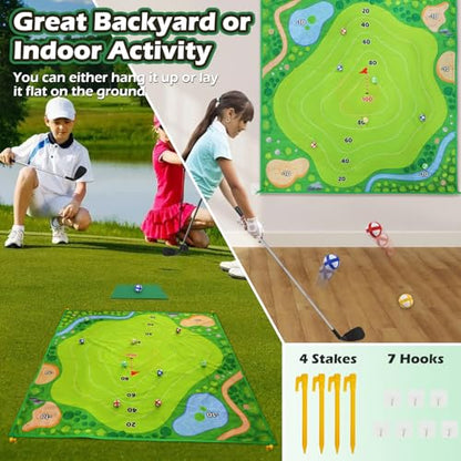 Battle Golf Chipping Game Set for Kids Adults, Chip and Stick Golf Game with 2 Adjustable Clubs, 5×5FT Double-Sided Chipping Practice Mat, 20 Sticky Balls Sport Toy Gift for Indoor Outdoor Family Fun