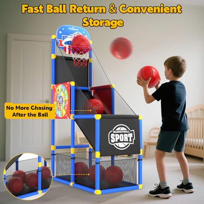 EagleStone 2-in-1 Kids Arcade Basketball Hoop with Dart Board,4 Balls Adjustable Height Basketball Toy Indoor Outdoor Carnival Games Gift for Boys Girls Toddlers Ages 3-6 Years Old,Pump Included - color: Red
