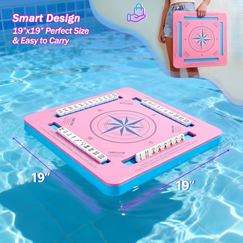 Floating Game Table for Pool, 19x19 Waterproof EVA Foam Card Table with Tile Slots, Portable Lightweight Pool Table for Mahjong, Dominoes & Poker, Travel Game Rack for Pool Party