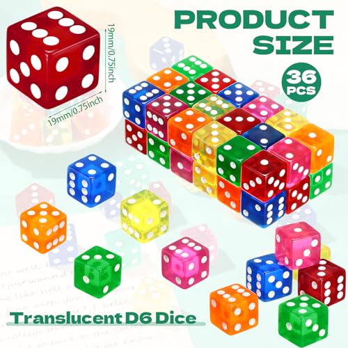 Seenelling 36 Piece 19 mm Casino Style Craps Dice Sets Acrylic and Translucent D6 Dice, Square W/Rounded Edge for Casino, Craps, Table Games and Board Games (Fresh Color) - color: Fresh Color