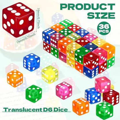 Seenelling 36 Piece 19 mm Casino Style Craps Dice Sets Acrylic and Translucent D6 Dice, Square W/Rounded Edge for Casino, Craps, Table Games and Board Games (Fresh Color) - color: Fresh Color