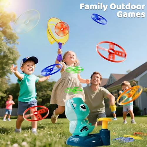 Dinosaur Flying Disc Launcher Toy – Kids Outdoor Toys for Boys & Girls Ages 3-8, Fun Press & Launch Game with 8 Discs & Catch Net, Active Yard Toys & Outside Play Toys