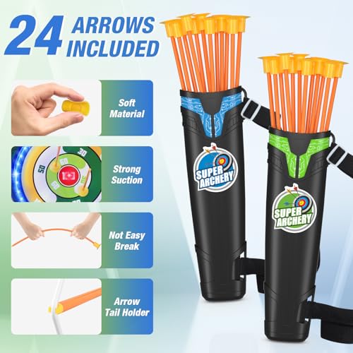 HYES 2 Pack Kids Bow and Arrow, LED Light Up Archery Set with 24 Suction Cup Arrows, Indoor Outdoor Sport Dinosaur Toys Gifts for 3 4 5 6 7 8 9 10 11 12 Year Old Boys Girls - size: 2 pack-led standing target