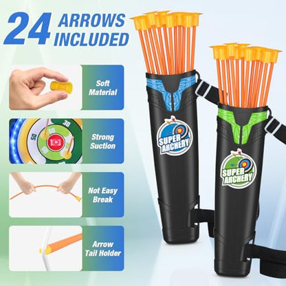 HYES 2 Pack Kids Bow and Arrow, LED Light Up Archery Set with 24 Suction Cup Arrows, Indoor Outdoor Sport Dinosaur Toys Gifts for 3 4 5 6 7 8 9 10 11 12 Year Old Boys Girls - size: 2 pack-led standing target