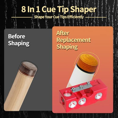 Vefungyan Pool Cue Tips Replacement Kit: 11 in1 Billiards Pool Cue Tip Repair Shaper Tool with 20pcs cue Tips 5 Chalk for Replacement - color: Metal Red
