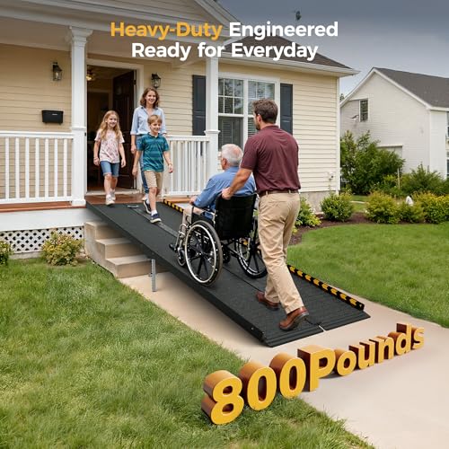 CAMMOO 8 FT Portable Wheelchair Ramp-800LBS Heavy-Duty, High-Strength Aluminum Alloy with 4 Adjustable Legs, 4 Wheels, Triple Anti-Slip and Seamless Design, Ideal for Home Steps, Threshold, Doorways - size: 8 FT