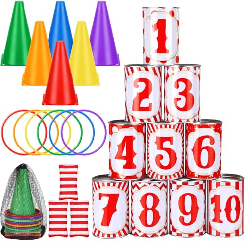 29 Pcs 4 in 1 Carnival Games Set: Bean Bags, Plastic Cones, Carnival Cans, Rings for Adults, Teens, Indoor & Outdoor Games