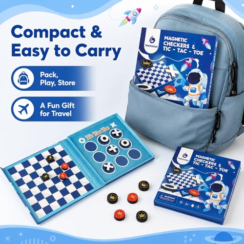 2-in-1 Travel Checkers and Tic Tac Toe Game for Kids Ages 8-12, Magnetic Checkers Board Game, Foldable Road Trip and Plane Activities - color: Checkers