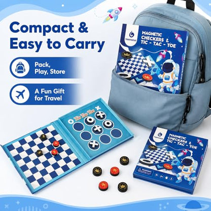 2-in-1 Travel Checkers and Tic Tac Toe Game for Kids Ages 8-12, Magnetic Checkers Board Game, Foldable Road Trip and Plane Activities - color: Checkers