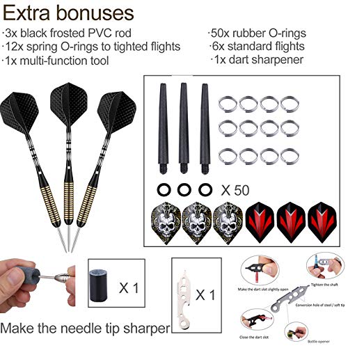 Steel Tip Darts Set for Dartboard, Professional Brass Darts Metal Tip Black Purple Aluminium Nylon Shafts 9 Flights 50 Rubber O-Rings 12 Spring Rings 1 Dart Sharpener Tool 24/27 Grams - color: 27g Black