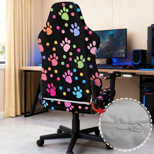 Stretchable Office Chair Covers with Armrest Covers Colorful Paw Prints Gaming Chair Cover Cat Scratch Proof Spandex Rotating Boss Chair Slipcovers Easy to Install with Long Zipper - color: Colorful Paw Prints
