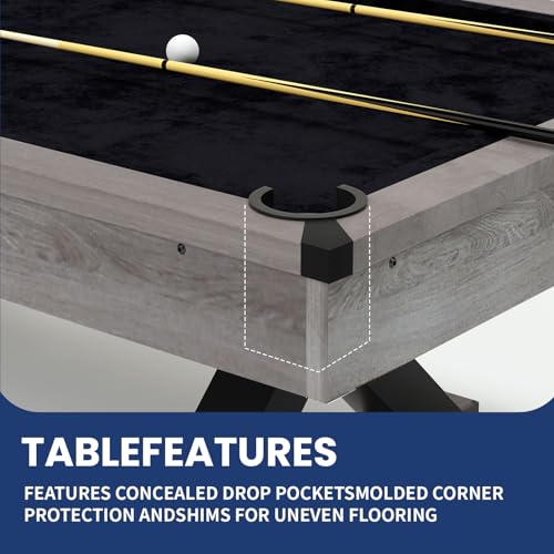 84" Pool Table with Rustic Grey Finish, X-Shaped Legs, Black Cloth, Billiard Balls, Cues, & Accessories–Billiard Table for Adults, Game Room & Home Entertainment (Grey)