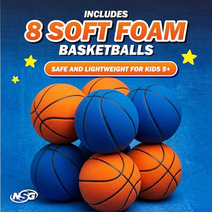 NSG Over The Door Basketball Hoop - Adjustable Height 7 Hoop Race Pyramid with 8 Mini Foam Balls & Carry Bag, Wall-Mounted, Easy Setup, Kids Indoor/Outdoor Game for Ages 5+ Years - style: Hoop Race