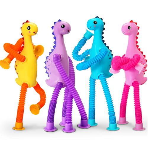 4Pcs Dinosaur Airplane Travel Car Ride Toys for Toddlers Kids Boys Girls Sensory Suction Cup Tube ADHD Autism Road Trip Car Activities Essential Stocking Easter Basket Stuffer Valentines Gift - color: 4pc Dinosaur