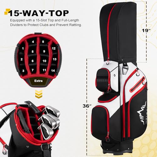 uniHimal Golf Cart Bag, 15 Way Organizer Divider Top with Handles and Rain Cover - color: Black-White