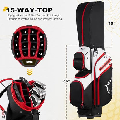 uniHimal Golf Cart Bag, 15 Way Organizer Divider Top with Handles and Rain Cover - color: Black-White