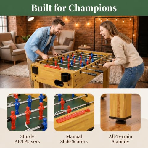 Foosball Table, Wooden Soccer Game Table with Analog Scoring, Heavy Duty Tabletop Football Games with Steel Rods & Ergonomic Handles, Indoor Arcade Gaming Tables for Family Game Room, Brown - size: 54-inch