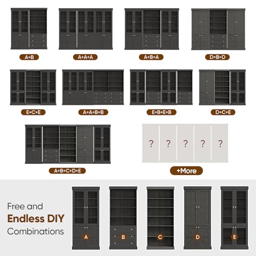 Vyre 70.8" Tall Black Bookshelf with Glass Doors, Farmhouse Modular Bookcase with 6-Tier Adjustable Shelves, Large Storage Cabinet for Home Office, Living Room, Set of 2 - color: Black