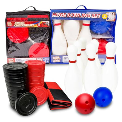 Grip Kids Jumbo Family Fun Bundle – 17-inch Giant Bowling Set with 6 Pins & 2 Balls + Jumbo Checkers Board Game, Indoor & Outdoor Toys for Kids & Toddlers, Backyard Party Games, Travel-Friendly