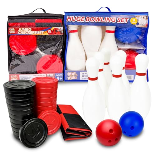 Grip Kids Jumbo Family Fun Bundle – 17-inch Giant Bowling Set with 6 Pins & 2 Balls + Jumbo Checkers Board Game, Indoor & Outdoor Toys for Kids & Toddlers, Backyard Party Games, Travel-Friendly