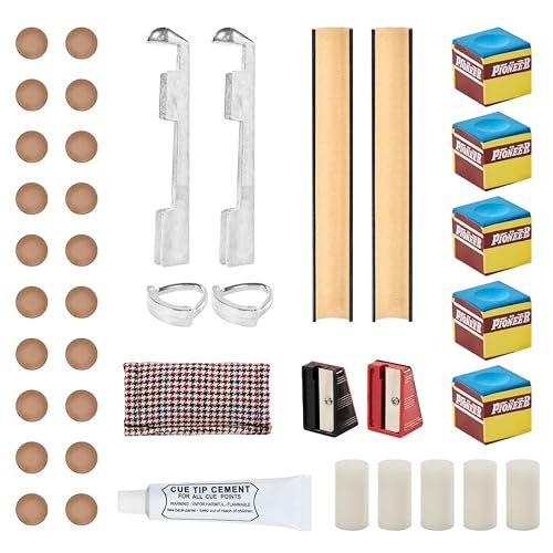 Barrington Billiards 38-Piece Pool Cue Tip Repair Kit with 13 mm Cue Tips, Ferrules, Aluminum Clamps, Tip Shapers, Glue, Chalk, and Cleaner for DIY Cue Tip Replacement and Repair