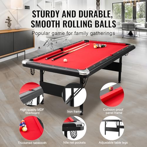 Happybuy 7ft Billiards Table, Portable Foldable Pool Table, Complete Set with Balls, Cues, Chalks & Brush, Black with Red Cloth, Ideal for Family Game Room, Kids, Adults