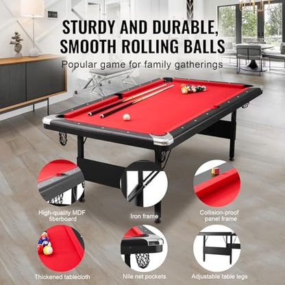 Happybuy 7ft Billiards Table, Portable Foldable Pool Table, Complete Set with Balls, Cues, Chalks & Brush, Black with Red Cloth, Ideal for Family Game Room, Kids, Adults