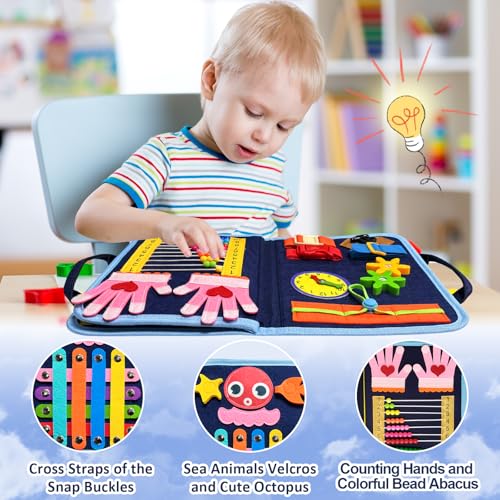 Gojmzo Busy Board Montessori Toys for Toddler Boys & Girls Gifts, Sensory Toys for Toddlers, Educational Travel Preschool Activities Learning Alphabet Count Fine Motor Skills - style: Blue/P4