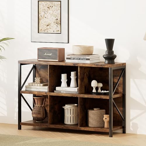 6 Cube Storage Organizer Bookshelf, Industrial Horizontal Bookcase, Accent Cubby Shelf, Media Console Table for Living Room, Home Office, 13.6" D x 47.2" W x 30.9" H, Rustic Brown - color: Rustic Brown, size: 6 Cube- 2 Tier