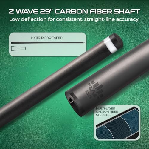 Z Wave Carbon Pool Cue – 29” Carbon Shaft, 12.5mm Hybrid Conical Taper, Low Deflection, Microfiber Tip