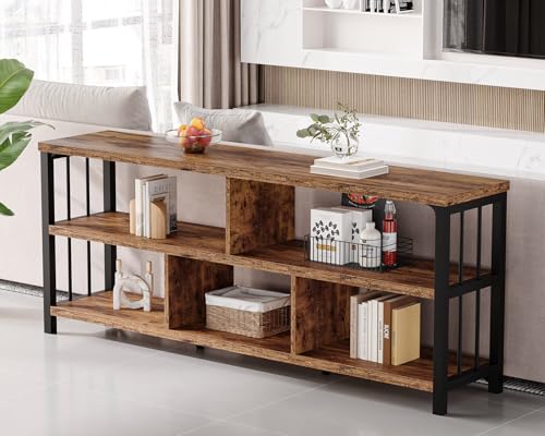 IBF Bookshelf, Farmhouse 63” Long Open Book Shelf, Wood Metal 5 Cube Bookcase for Living Room, Low Horizontal Bookshelf for Bedroom, Wide Cubby Storage Organizer for Home Office, Rustic Brown, 63 Inch - color: Rustic Brown, size: 63 inch