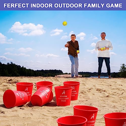 Aivalas Yard Pong Outdoor Games, Giant Yard Games Set with 12 Buckets and Balls for Adults and Family, Toss Game Throwing Games for Beach, Camping, Lawn and Backyard - color: Red